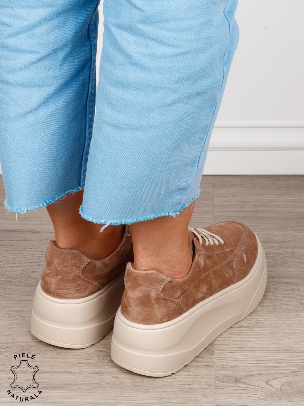 Pantofi casual damă din piele întoarsă naturală cu siret CRL1822 KHAKI - Img 3