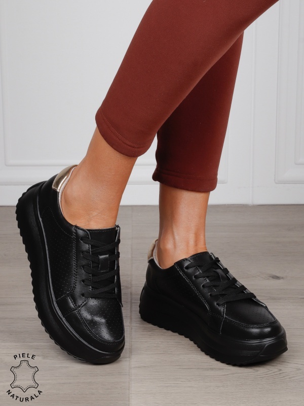 Pantofi Casual damă din piele naturală confortabile CRL1572 NEGRU CU AURIU - Img 2