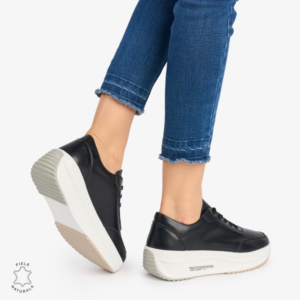 Pantofi casual dama din Piele naturală CRL0058 Negru cu ALB - Img 3