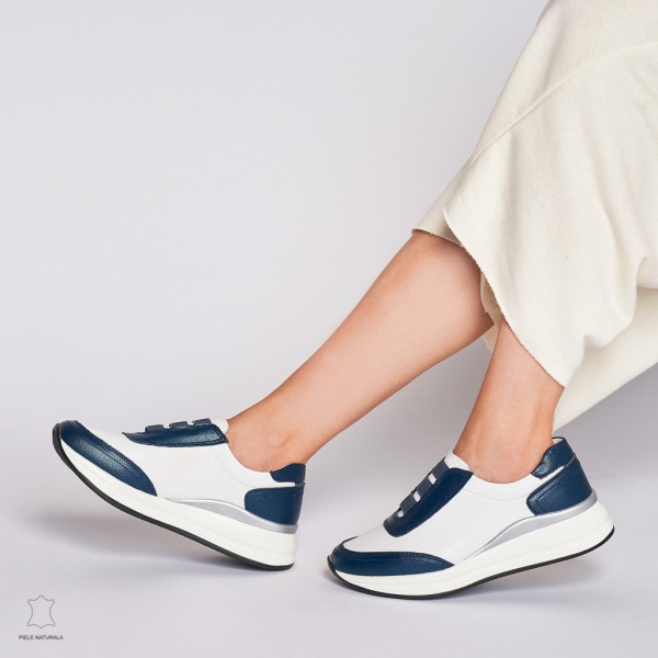 Pantofi Casual dama din Piele naturala CRL1233 CU INCHIDERE ELASTIC BLEUMARIN CU ALB - Img 3