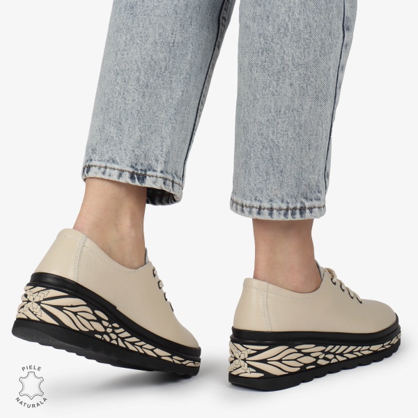 Pantofi Casual dama din Piele naturala CU DESIGN PE TALPA SIRET CRL1345 BEJ - Img 3