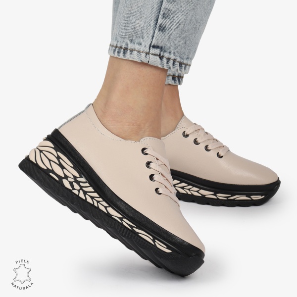 Pantofi Casual dama din Piele naturala CU DESIGN PE TALPA SIRET CRL1345 ROZ - Img 2