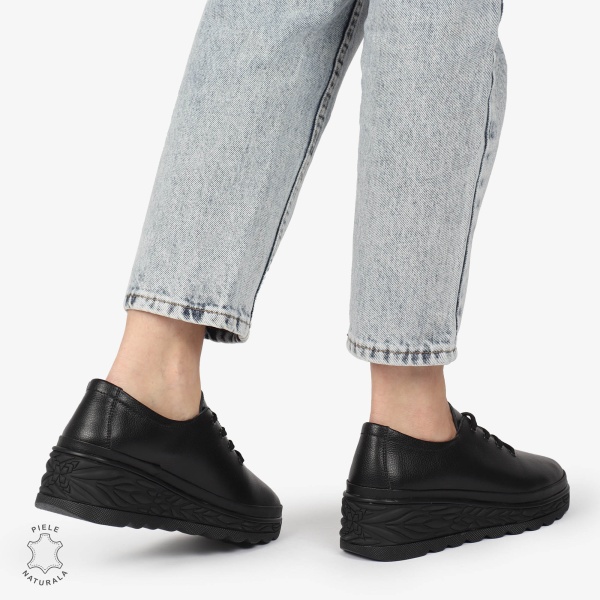 Pantofi Casual dama din Piele naturala CU DESIGN PE TALPA SIRET CRL1345 NEGRU - Img 3