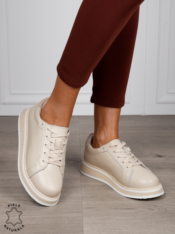 Pantofi Casual damă din piele naturală cu mici perforati CRL1513 BEJ - Img 2