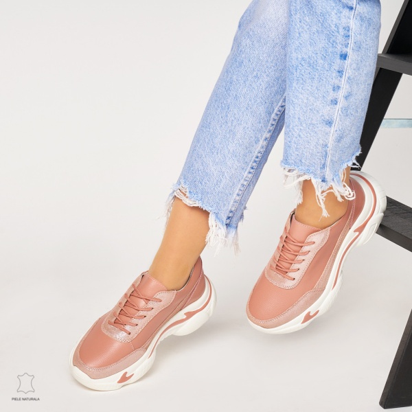 Pantofi Casual dama din Piele naturala cu talpa groasa CRL0037 ROZ - Img 4