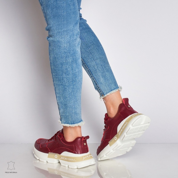 Pantofi Casual dama din Piele naturala cu talpa groasa CRL0046 Bordo - Img 4