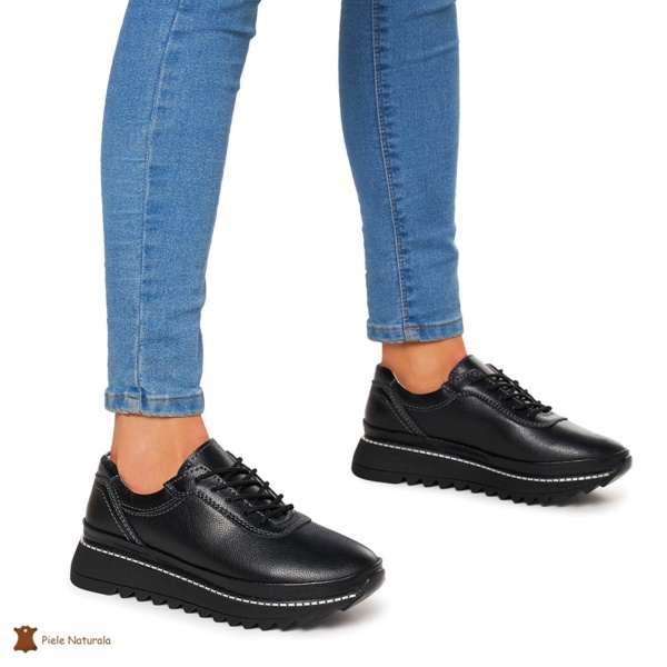 Pantofi Casual dama din Piele naturala cu talpa groasa CRL0048 NEGRU - Img 2