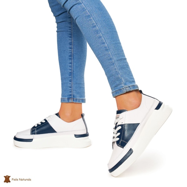 Pantofi Casual dama din Piele naturala cu talpa groasa CRL0056 ALB CU NAVY - Img 3
