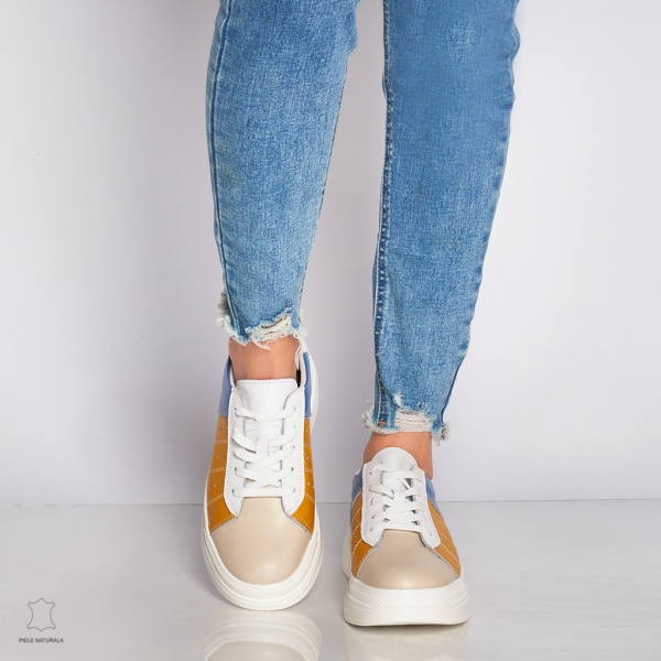Pantofi Casual dama din Piele naturala cu talpa groasa Multicolor CRL0040 MUSTAR - Img 3