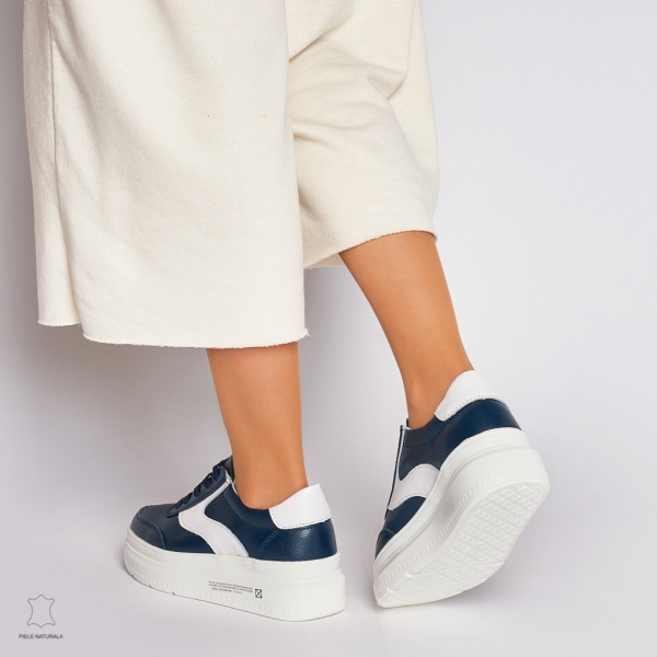 Pantofi Casual dama din Piele naturala cu talpa plata Multicolor CRL0041 Bleumarin - Img 4