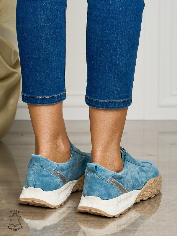 Pantofi CASUAL dama din piele naturala INTOARSA de tip Slip-on CRL1458 ALBASTRU - Img 3
