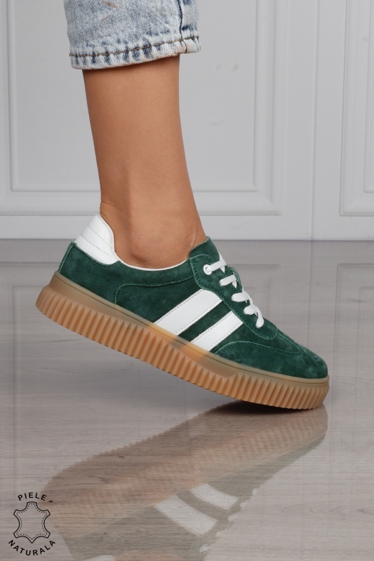 Pantofi Casual DAMA din Piele Naturala intoarsa, Model Retro CRL1531VERDE - Img 2