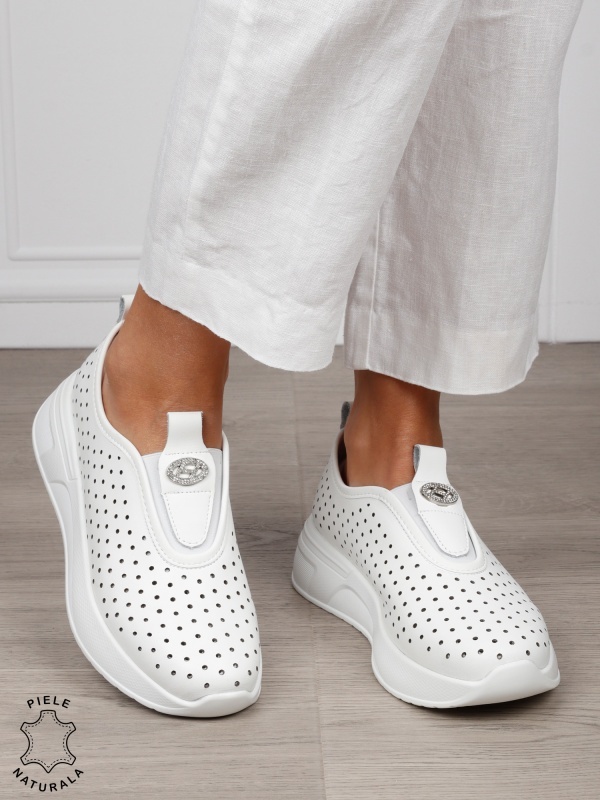 Pantofi Casual dama din Piele Naturala mici perforati CRL1542ALB - Img 2