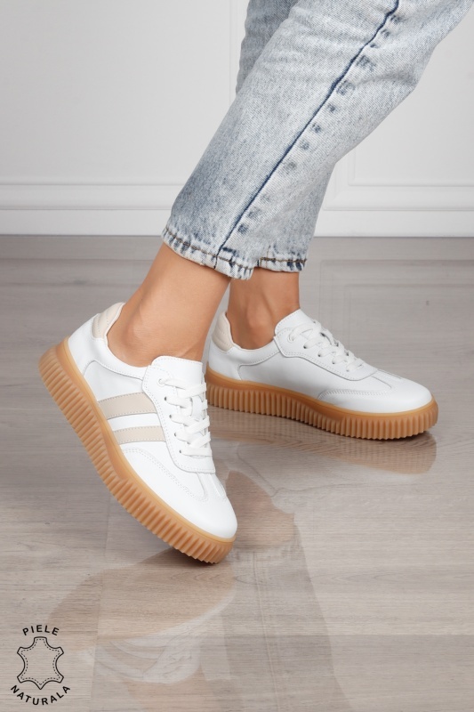 Pantofi Casual DAMA din PIELE Naturala , Model Retro CRL1531 ALB - Img 2