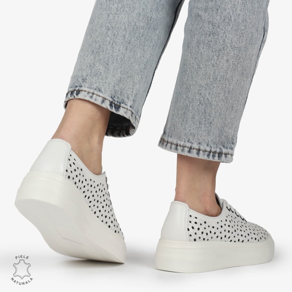 Pantofi Casual dama din Piele naturala PERFORAT USORI CU SIRET CRL1341 ALB - Img 2