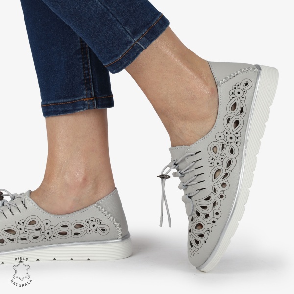 PANTOFI CASUAL dama din Piele naturala PERFORATA CU MODEL CRL1356 GRI - Img 2