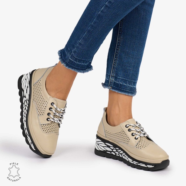 Pantofi Casual dama din Piele Naturala perforata talpa speciala cu model CRL1073 CULOARE: BEJ - Img 4