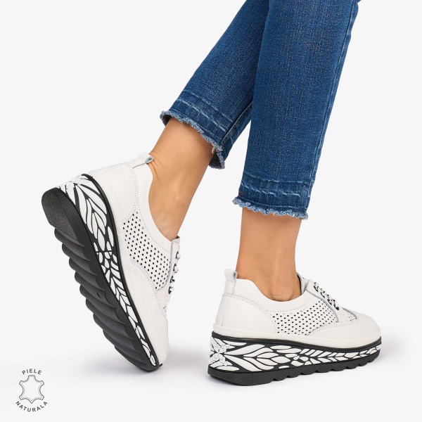 Pantofi Casual dama din Piele Naturala perforata talpa speciala cu model CRL1073 CULOARE: ALB - Img 4