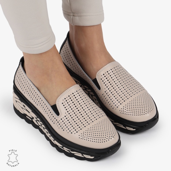 Pantofi Casual dama PERFORATI din Piele naturala CU DESIGN PE TALPA SLIP-ON CRL1337 ROZ - Img 3