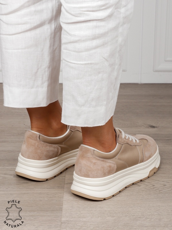 Pantofi Casual damă piele naturala intoarsa cu textil CRL1578 BEJ - Img 3