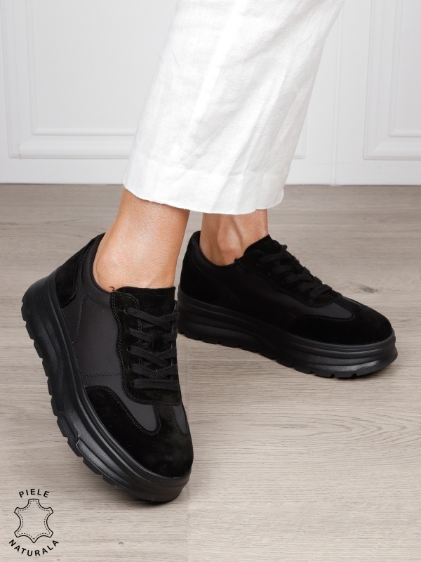 Pantofi Casual damă piele naturala intoarsa cu textil CRL1578 NEGRU - Img 2