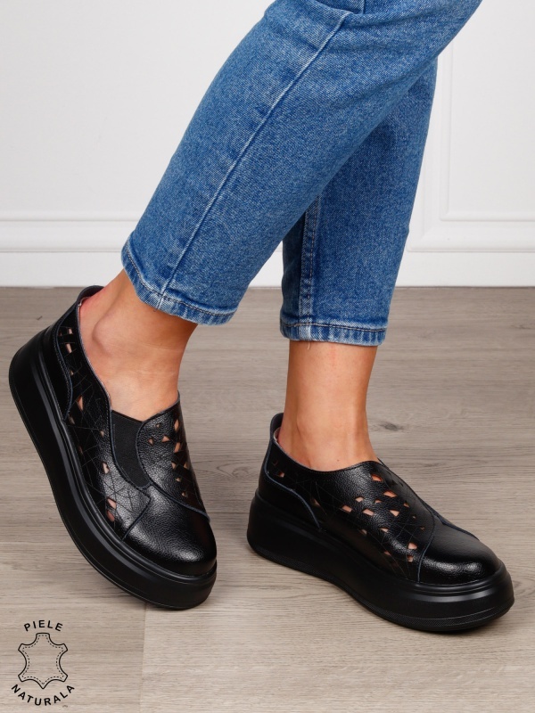 PANTOFI CASUAL Dama Piele Naturala Perforat Slip-on CRL1594 NEGRU - Img 3