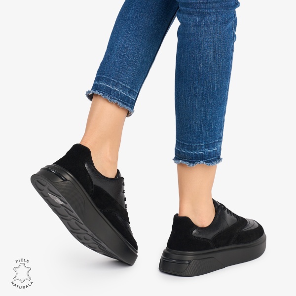 Pantofi casual dama piele naturala si piele naturala intoarsa CRL0872 NEGRU - Img 3