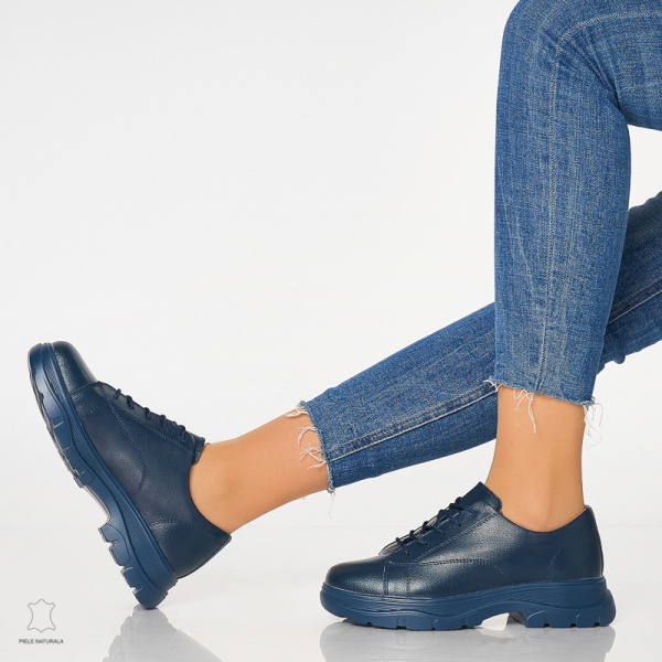 Pantofi casual de dama din piele naturala cu talpa aderenta CRL0010 Navy - Img 4