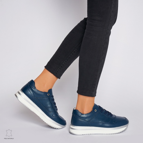Pantofi casual de dama din piele naturala cu talpa groasa CRL0001 Bleumarin - Img 4