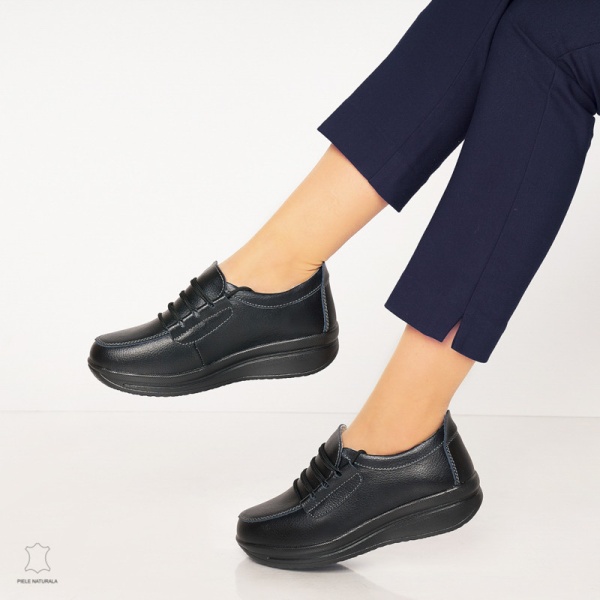 Pantofi casual de dama din piele naturala cu talpa groasa CRL0005 Negru - Img 3