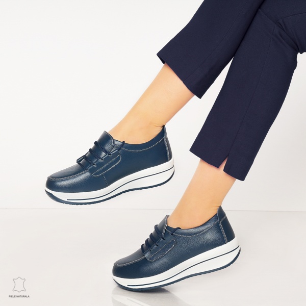 Pantofi casual de dama din piele naturala cu talpa groasa CRL0005 Bleumarin - Img 3