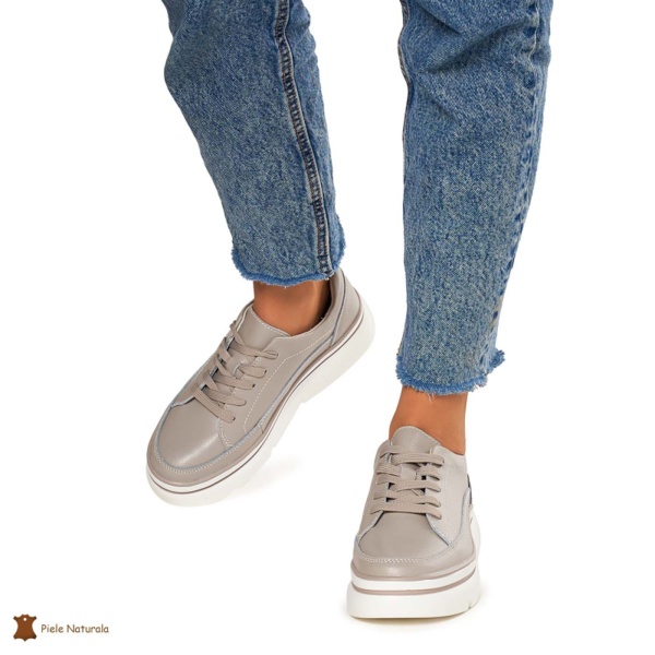 Pantofi Casual de dama din Piele naturala cu talpa groasa CRL1319 GRI - Img 3