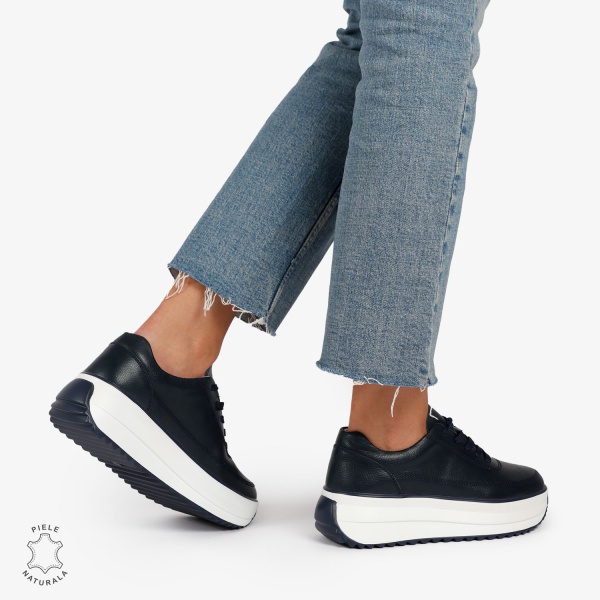 Pantofi Casual de dama din Piele Naturala cu talpa Inalta CRL1201 BLEUMARIN - Img 3
