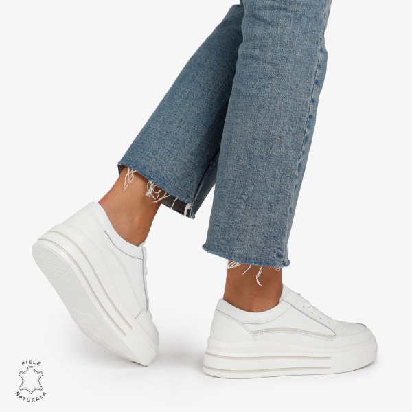 Pantofi Casual de dama din Piele Naturala cu talpa inalta si Dungi CRL1203 Alb - Img 2