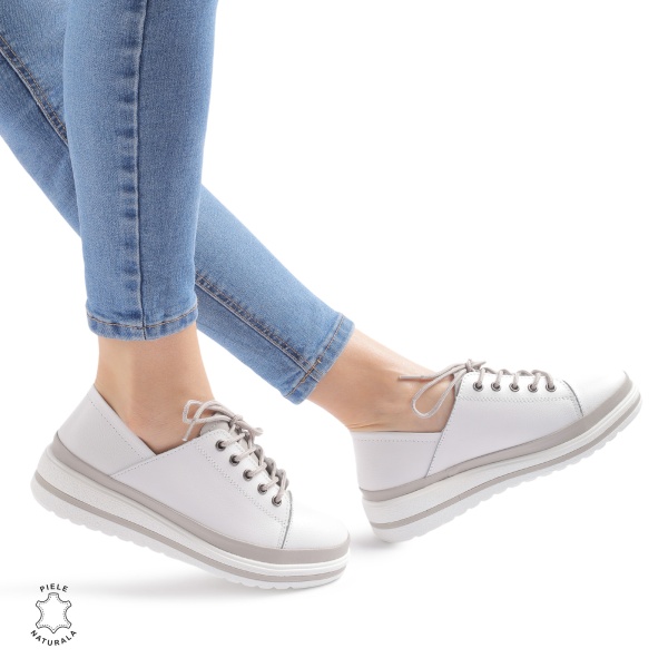 Pantofi casual piele naturala CRL877 ALB CU GRI - Img 2