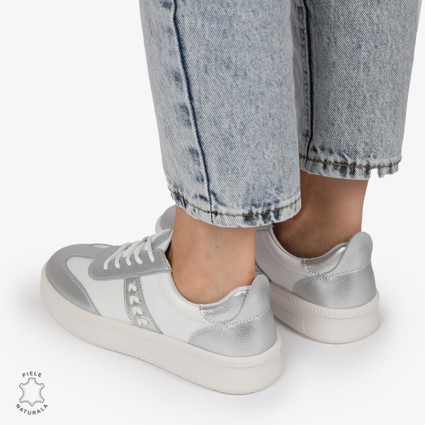 Pantofi CASUAL PIELE NATURALA CU INCHIDERE SIRET CRL1295 ALB CU ARGINTIU - Img 2