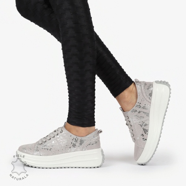 Pantofi casual piele naturala Intoarsa cu INCHIDERE SIRET CRL1306 ARGINTIU - Img 2