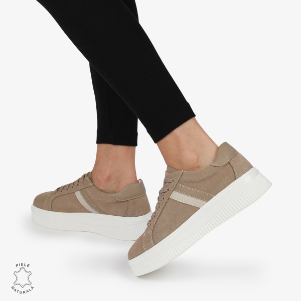 Pantofi CASUAL PIELE NATURALA Intoarsa cu linii decorative CRL1270 Khaki - Img 3