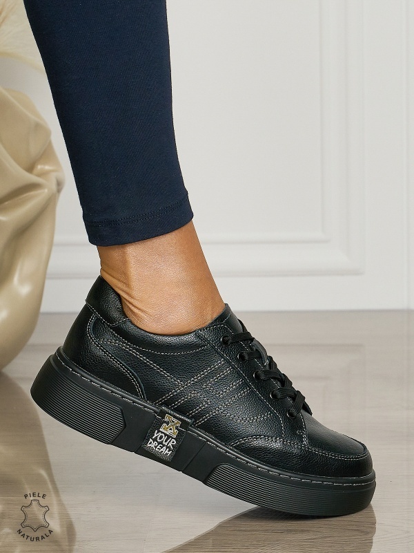 Pantofi dama din piele naturala cu siret CONFORTABILE CU MODEL LATERAL CRL1461NEGRU - Img 2