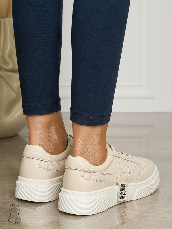 Pantofi dama din piele naturala cu siret CONFORTABILE CU MODEL LATERAL CRL1461 BEJ - Img 3
