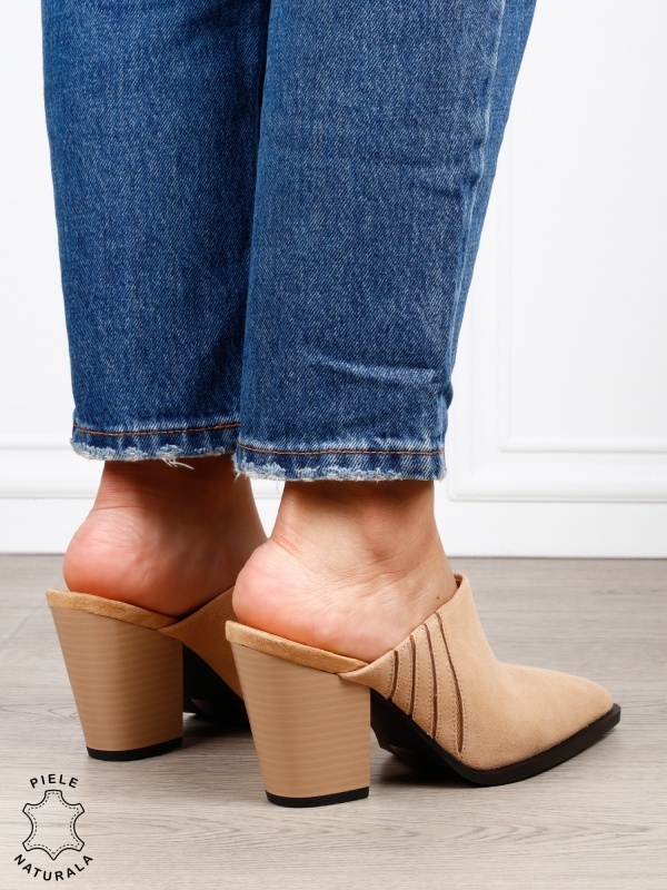 Pantofi dama eleganti cu toc gros si varf ascutit din piele naturala intoarsa CRL1609 BEJ - Img 4
