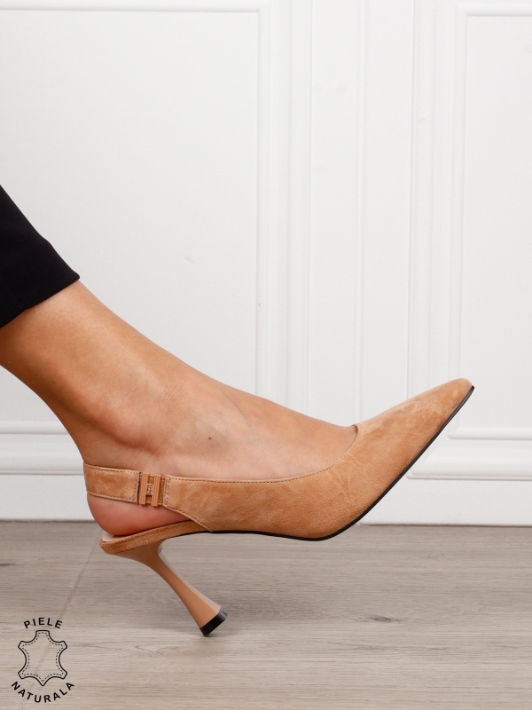 Pantofi dama eleganti cu toc special si varf ascutit din piele naturala intoarsa CRL1612 BEJ - Img 5
