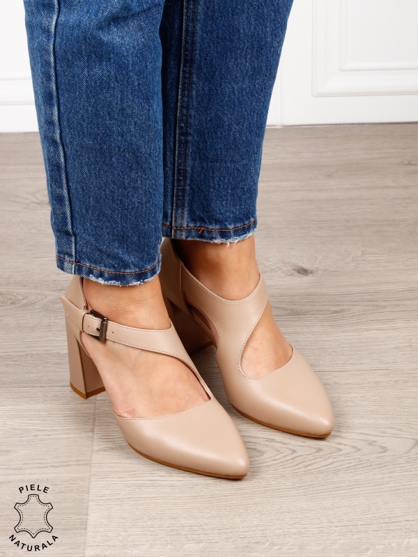 Pantofi dama eleganti din piele naturala cu bareta si toc gros CRL1634 Khaki - Img 3