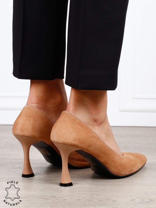 Pantofi dama eleganti din piele naturala Intoarsa cu toc Special CRL1623BEJ - Img 4
