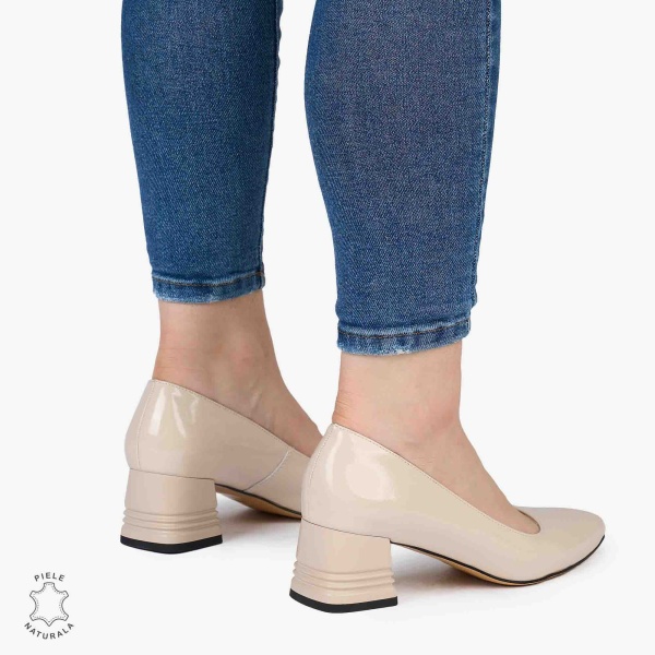 Pantofi Eleganți dama din Piele Naturala LACUITA CU TOC MIC CRL0982 bej - Img 3