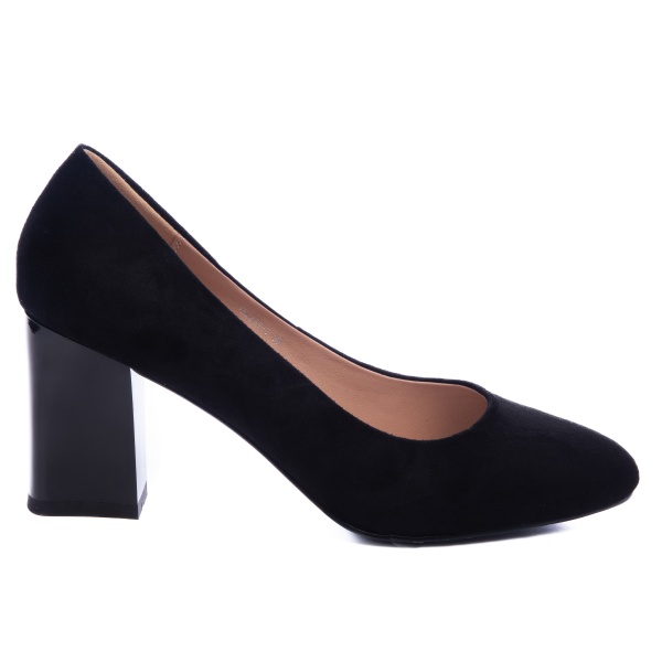 Pantofi Eleganti din Piele Ecologica cu model si toc Gros CRL0725 negru suede - Img 2