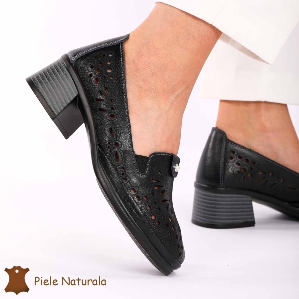 Pantofi Perforati dama din Piele Naturala cu mici perforatii CRL0201 Negru - Img 4
