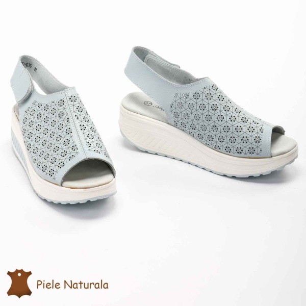 Pantofi Perforati dama din Piele Naturala cu talpa inalta CRL0187 ALBASTRU - Img 3