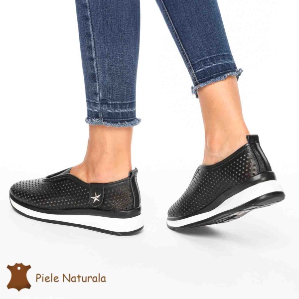 Pantofi Perforati Dama Piele naturală CRL0098 NEGRU - Img 4
