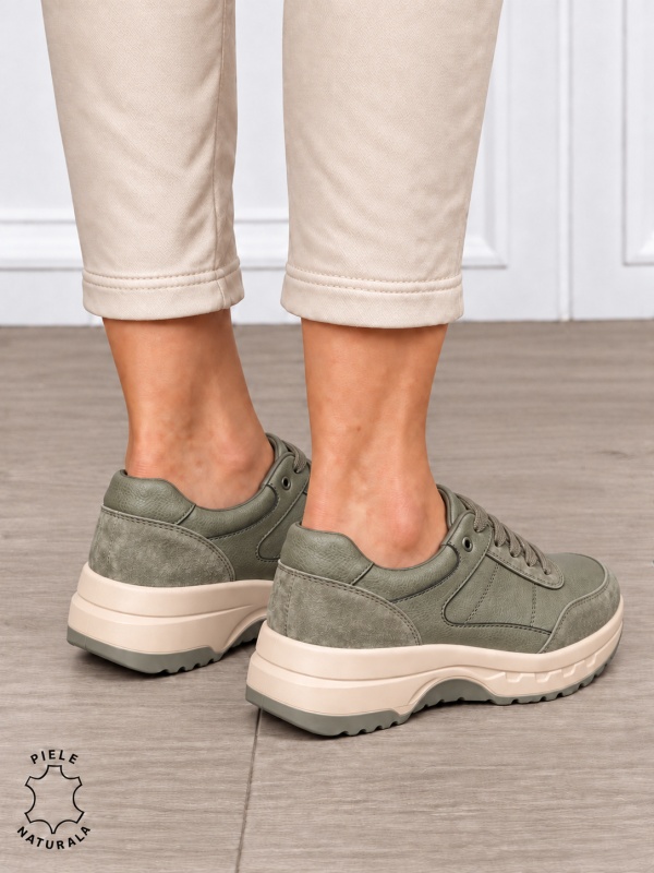 Pantofi sport damă din piele naturală și piele întoarsă cu design modern CRL1896 OLIVE - Img 3